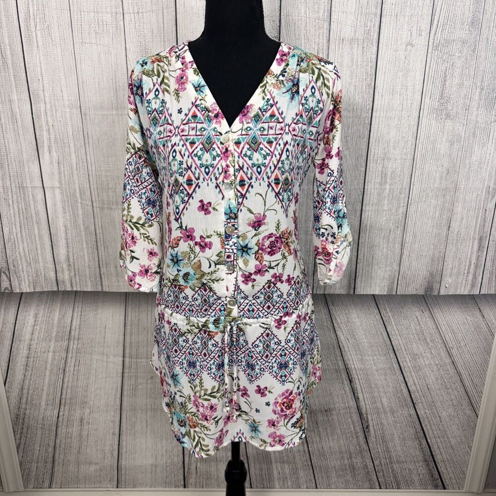 J. Valdi Womens XS Multicolored Floral Tunic Swim Coverup Resort Vacation Cruise